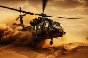 the helicopter flying in the air is covered in sand. AI Generated photo