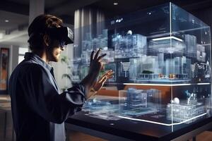 Futuristic Architectural Engineer Wearing Augmented Reality Headset, Uses Gestures to Create 3D Graphics VFX Model of a Building with Infographics. photo