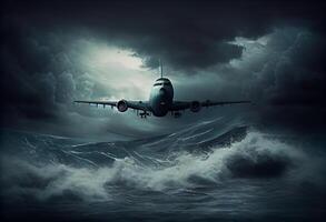 Passenger plane flies in a storm over the ocean. . photo