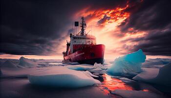 Icebreaker breaks ice hummocks and ice floes in the Arctic Ocean. . photo