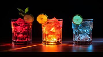 3 cocktails in different colors. AI Generated photo