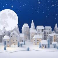 Winter Snow Urban Countryside Landscape City Village with full moon. AI Generated photo