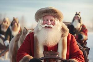 a happy and cheerful Santa Claus standing by a sleighs in North Pole.. photo