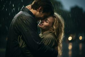 romántico Pareja abrazando en el lluvia. ai generado foto