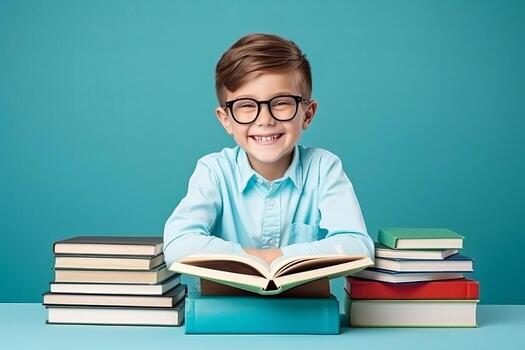 portrait of a happy child little boy with glasses sitting on a stack of books and reading a books, light blue background. photo