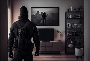 A burglar dressed in all black stands with his back to the camera in a modern apartment. photo