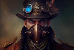 un hombre vistiendo un Steampunk sombrero y un Steampunk mascarilla, fantasía arte, steampunk ai generado foto