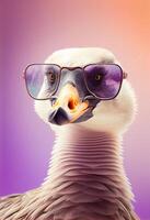 Creative animal composition. Goose wearing shades sunglass eyeglass isolated. Pastel gradient background. With text copy space. photo