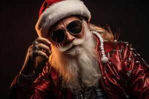 old man grey beard hold vintage disco ball dance funky wear santa x-mas costume. AI Generated photo