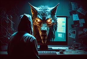 Wolf head behind a computer screen to symbolize a predator. photo