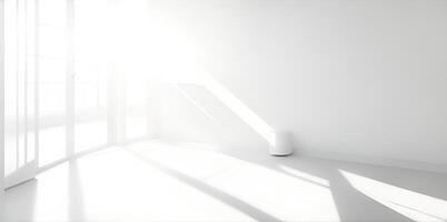 blanco minimalista habitación con blanco paredes y luz de sol transmisión mediante ventanas ai generado foto