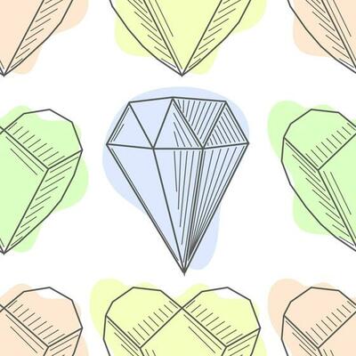 Colorful seamless pattern with hand drawn crystals and gems in pink, lilac tones with gold contour, illustration