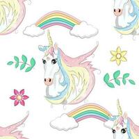 sin costura modelo con linda unicornios, nubes, arcoiris y estrellas. magia antecedentes con pequeño unicornios vector