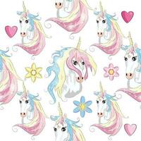 Seamless pattern with cute unicorns, clouds,rainbow and stars. Magic background with little unicorns vector