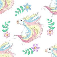 Seamless pattern with cute unicorns, clouds,rainbow and stars. Magic background with little unicorns vector