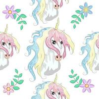 Seamless pattern with cute unicorns, clouds,rainbow and stars. Magic background with little unicorns vector