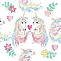 Seamless pattern with cute unicorns, clouds,rainbow and stars. Magic background with little unicorns vector