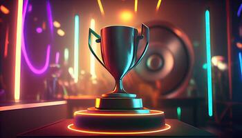 Winner trophy on a stage at studio illuminated by neon lights with blurred background. photo