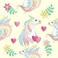 Seamless pattern with cute unicorns, clouds,rainbow and stars. Magic background with little unicorns vector