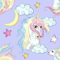 Seamless pattern with cute unicorns, clouds,rainbow and stars. Magic background with little unicorns vector