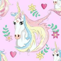 Seamless pattern with cute unicorns, clouds,rainbow and stars. Magic background with little unicorns vector