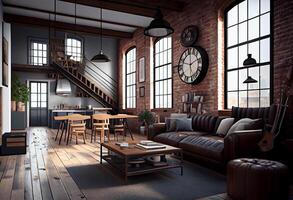 Living room loft in industrial style ,3d render. photo