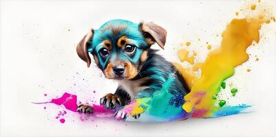 Puppy playing in colorful water color , dirty with color splash. . photo