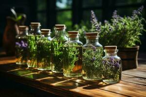 un surtido de esencial petróleo botellas con Fresco plantas desde cuales ellos son derivado, me gusta lavanda, menta, y Romero, arreglado en un de madera superficie. ai generado foto