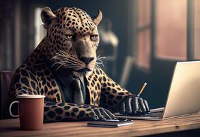 Portrait of an anthropomorphic jaguar as a developer in the office. photo