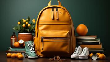 school supplies with a backpack, in the style of dark yellow and light green. photo
