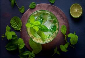 Top view of refreshing mint cocktail mojito. . photo
