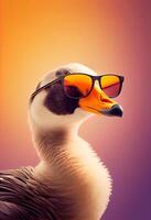 Creative animal composition. Goose wearing shades sunglass eyeglass isolated. Pastel gradient background. With text copy space. photo