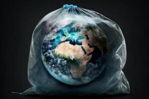 planeta tierra en un el plastico bolsa. ambiental concepto. ai generado foto