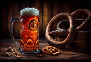 Beer and Pretzel on wooden background, Oktoberfest. . photo