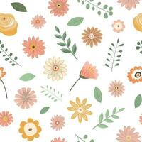 Cute floral seamless pattern with pastel flowers and leaves. Isolated on white background. vector