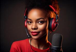 joven africano americano mujer en rojo camiseta, radio anfitrión con auriculares y micrófono, retrato . ai generado foto