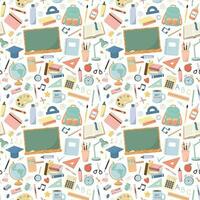 School seamless pattern with cartoon study supplies, stationary. Graphic for wrapping paper, scrapbooking, stationery, wallpaper, kids textile. Back to school theme. Isolated on white background. vector