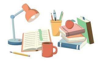 Cartoon Back to school banner with school supplies, stack books on table with desk lamp, mug. Vector illustration. Isolated on white background. Concept of homework, learning, and education.
