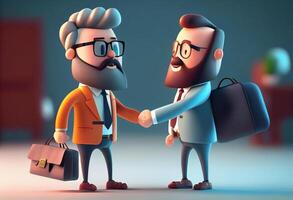 Cute cartoon smiling man with laptop and bearded businessman with briefcase standing and shaking hands. photo