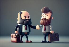 Cute cartoon smiling man with laptop and bearded businessman with briefcase standing and shaking hands. photo