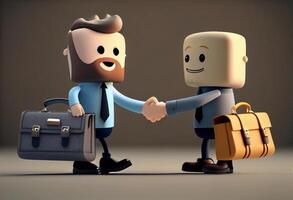 Cute cartoon smiling man with laptop and bearded businessman with briefcase standing and shaking hands. photo