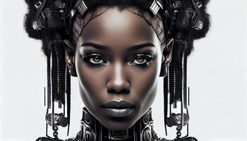 Robot black woman look in camera on white background. photo