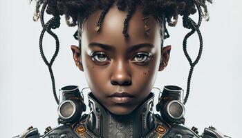 Robot black woman look in camera on white background. photo