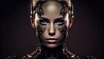 Robot woman look in camera on black background . photo