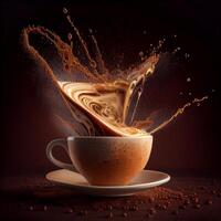 Aromatic coffee splashing in a Cappuccino cup on broun background. photo