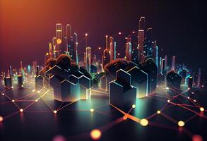 Smart city and abstract line and dot connect with gradient line design , big data connection technology concept. 3d render . photo