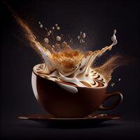 Aromatic coffee splashing in a Cappuccino cup on broun background. photo