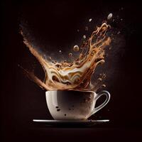 Aromatic coffee splashing in a Cappuccino cup on broun background. photo