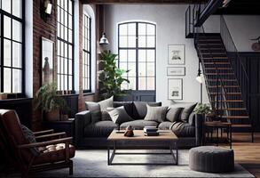 Living room loft in industrial style ,3d render. photo