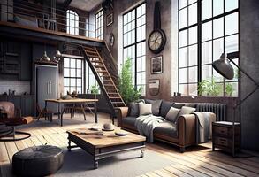 Living room loft in industrial style ,3d render. photo